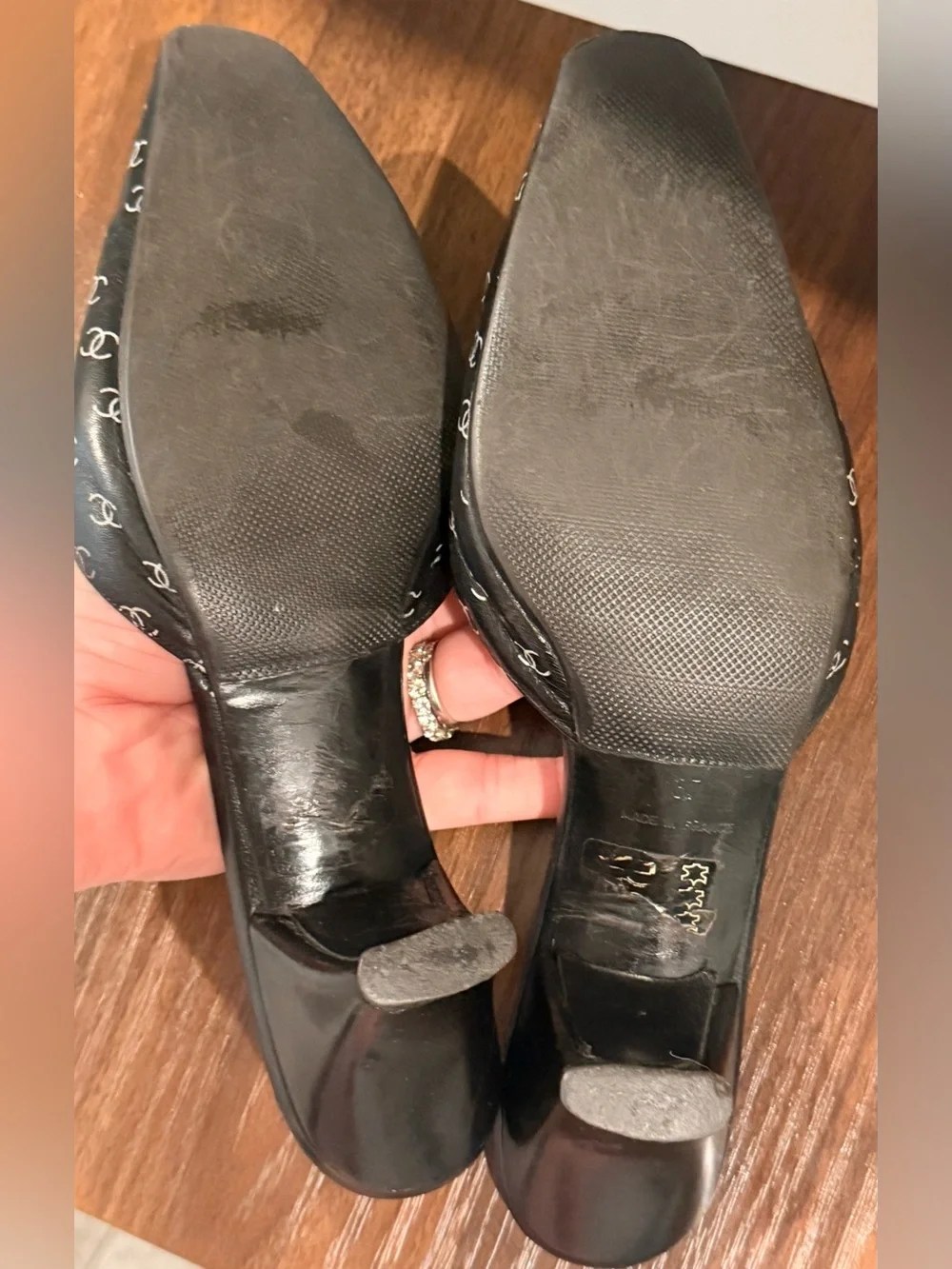 VINTAGE CHANEL Black Logo-Print Leather Mule Heels